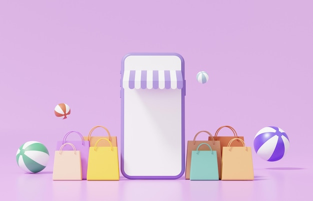 shopping online concept smartphone shop store and shopping bag on purple background minimal style discount promotion sale banner website 3d rendering illustration