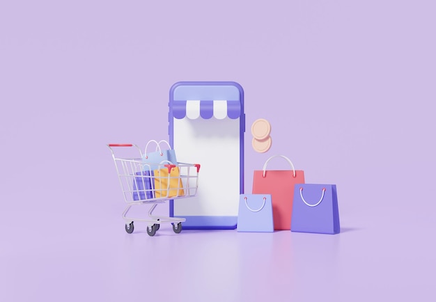 Shopping online concept with smartphone app trolley shopping bag buying shop store on pastel purple background discount promotion sale banner customer 3d render illustration