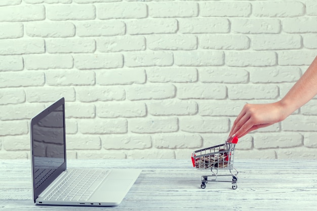 Shopping Online   Mini Shopping Cart and Laptop