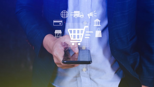 Shopping Online Using Smartphone shopping online shopping cart and business icons with virtual business delivery ecommerce shopping on internet offers home delivery