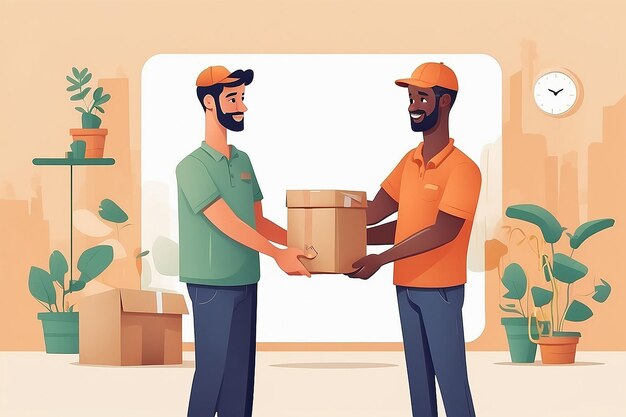 Photo shopping online with delivery mans hands giving cardboard package to another hand delivery concept