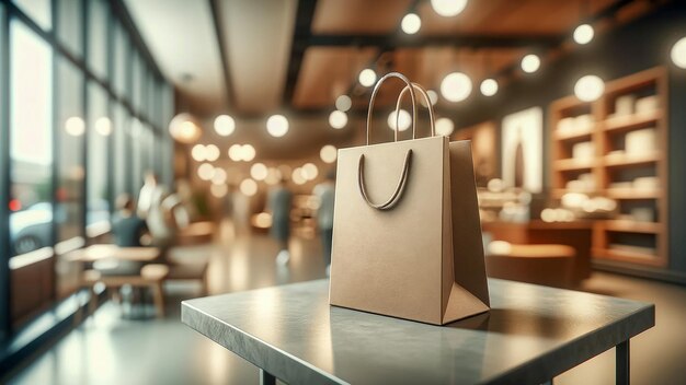 shopping paper bag standing on a table with a blurred background of a shop