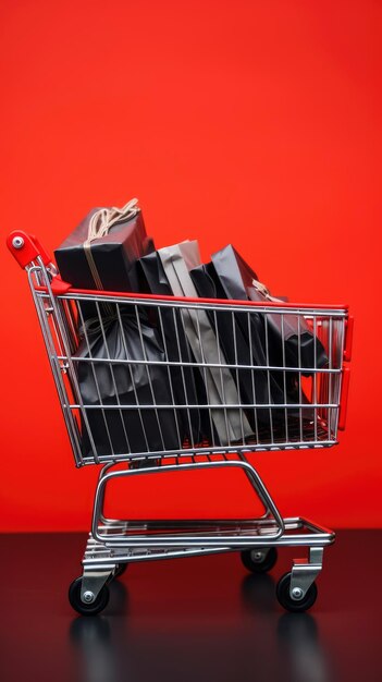 Shopping paper bags in cart trolley on red backgroud