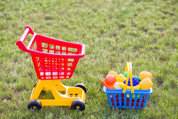 Shopping pushcart and a basket with toy fruits and vegetables