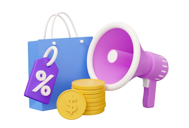 Shopping sale megaphone 3d render illustration in minimal cartoon style isolated on white background