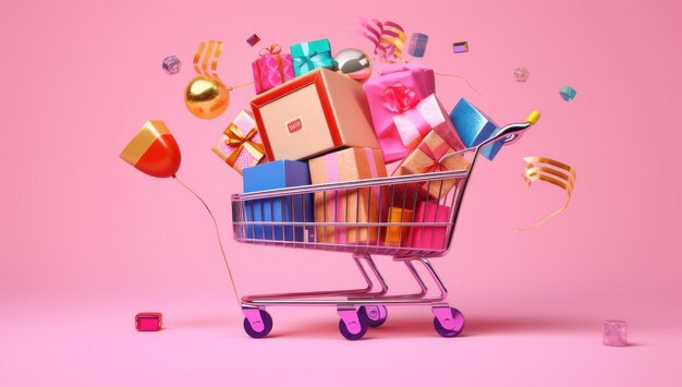 Photo shopping sale promotion banner full shopping cart on pink bachground valentine banner generative ai