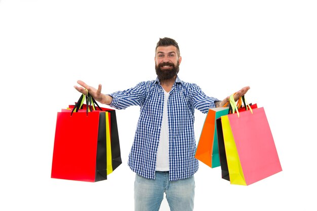 Shopping sale Shopping time Male barber care Bearded man with shopping bags Black Friday Cyber Monday Mature happy hipster with beard brutal caucasian hipster with moustache