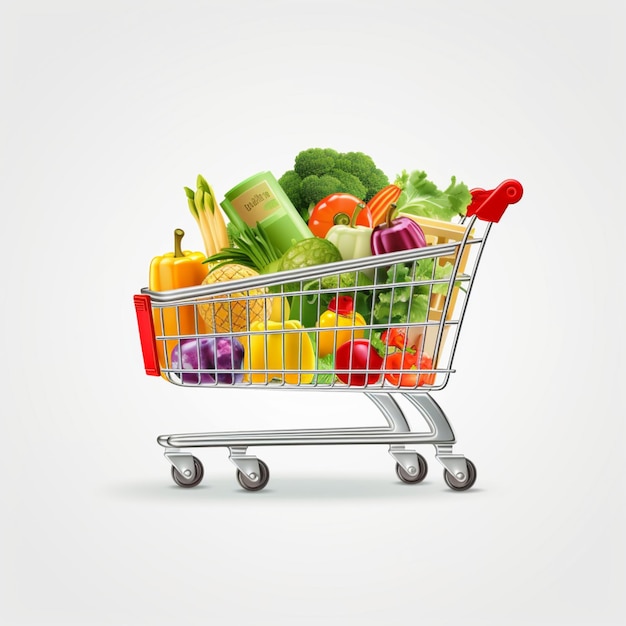 Shopping supermarket cart with grocery picture on white background