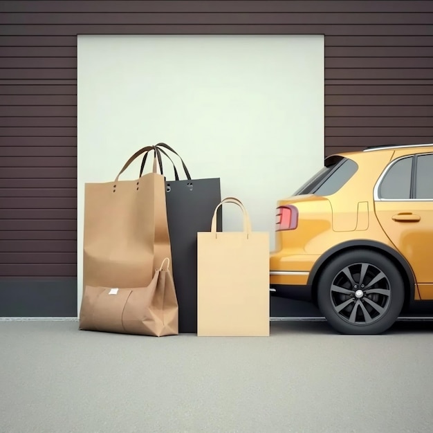 Shopping supplies beside car trunk in mall parking lot with room for text Generative AI