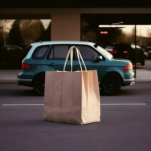 Shopping supplies beside car trunk in mall parking lot with room for text Generative AI