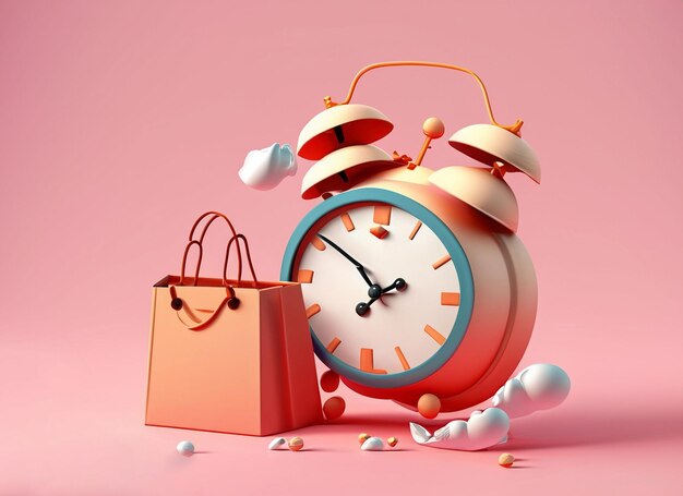 Shopping theme collection including floating gift box shopping bag and twin bell alarm clock on pink background