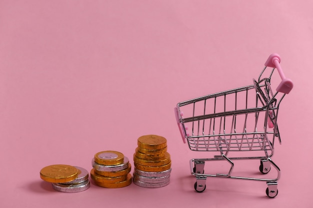 Shopping theme. Mini Supermarket trolley with coins on pink.