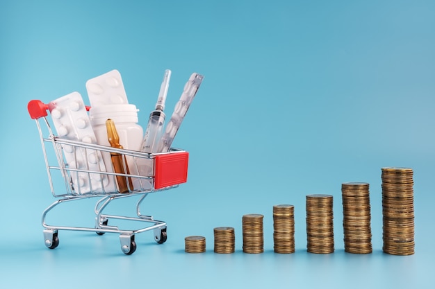 Shopping trolley cart filled medicinal tablets, stacks of coins in row on blue background.