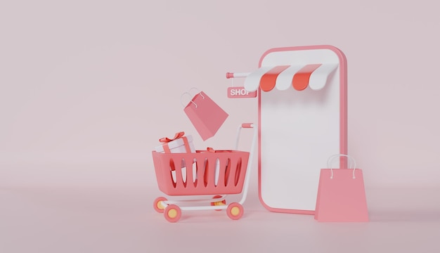Shopping Trolley concept van Shopping online markt tassen locatie winkel op pastel kleur achtergrond