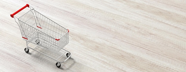 Shopping trolley empty on wooden background banner copy space 3d illustration