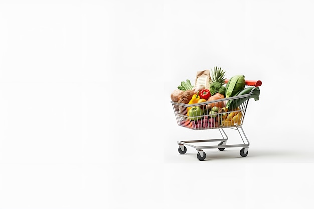 shopping trolley full of fruit and vegetables copy space white background ai generative content