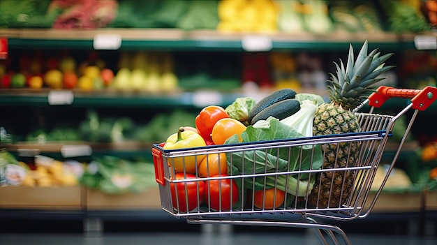 Shopping trolley full with vegetables and fruits in supermarket background photography