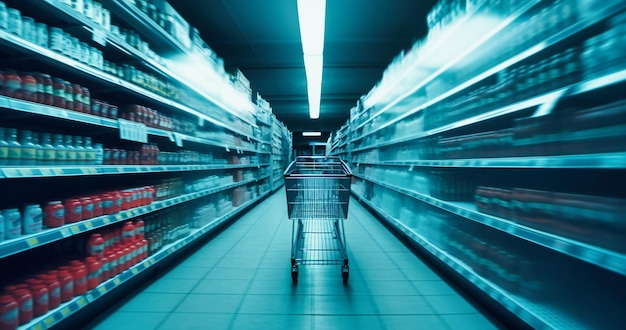 A shopping trolley going into a grocery store aisle