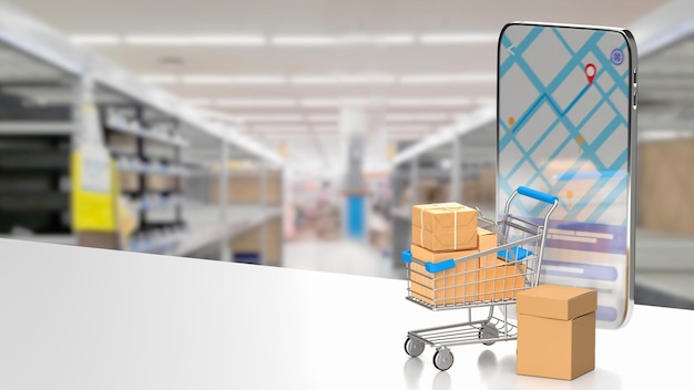 The shopping trolley and mobile phone for online market concept 3d rendering