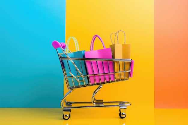 다채로운 쇼핑 가방 을 가진 쇼핑 트롤리