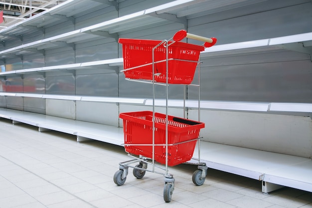 Shopping trolley with empty baskets against empty shelves in\
grocery store