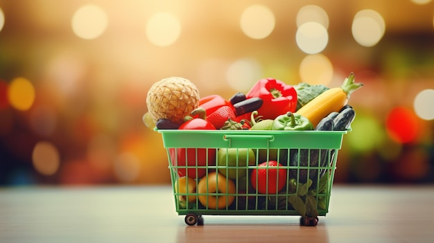 テーブルの背景に果物を載せたショッピングカート ⁇ 買い物カートのコンセプト ⁇ ダイエット食品