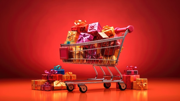 A shopping trolley with gift boxes inside