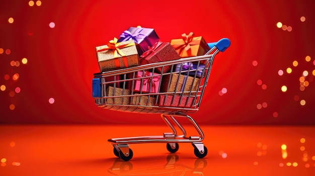 A shopping trolley with gift boxes inside