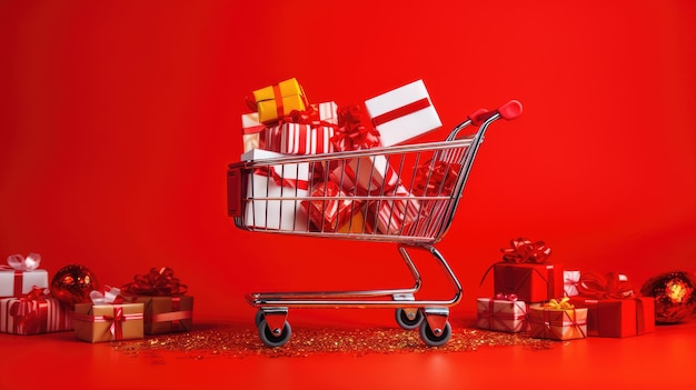 A shopping trolley with gift boxes inside