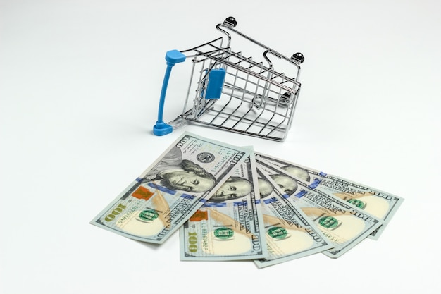 Shopping trolley with hundred dollar bills on white background. Shopping concept.