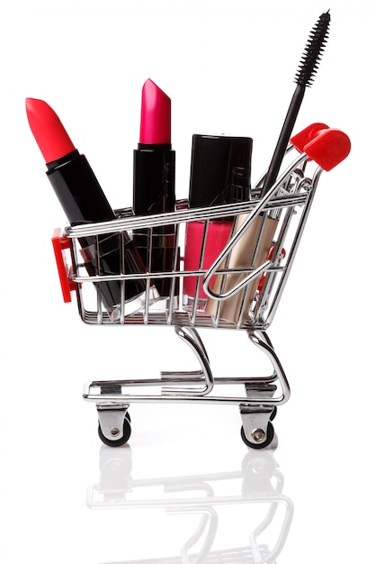 Shopping trolley with make-up products inside