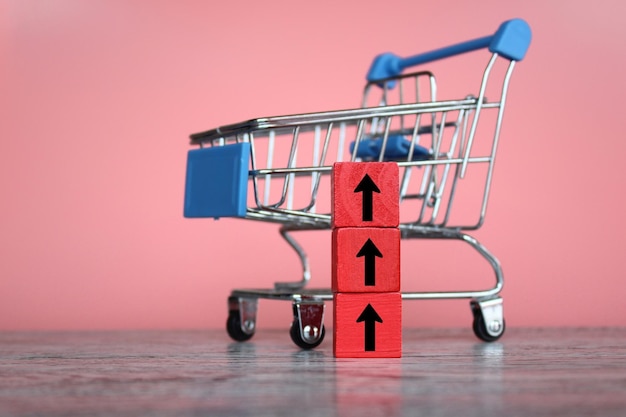 Shopping trolley with red upward arrow Inflation rising cost of living overprice expensive concept