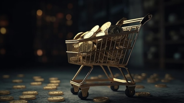 Shopping trolly with stack of gold coins Generative ai