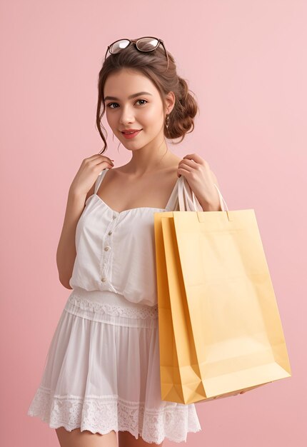 Photo shopping woman holding shopping bags on pink ai generative