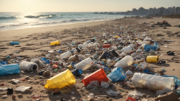 A shore polluted with garbage against the backdrop of the sea