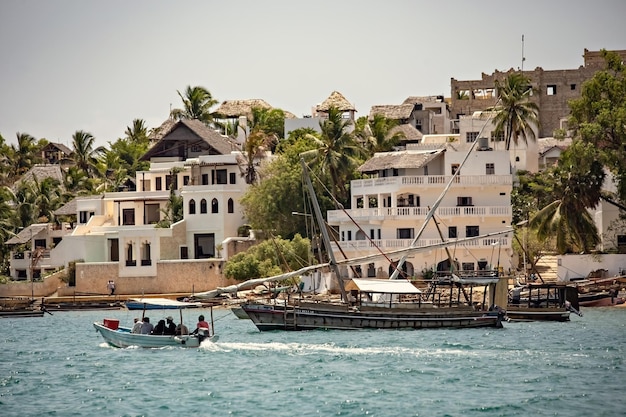 Shore view of Shela town in Lamu island, old white houses in Lamu, Kenya