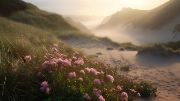 Shoreline covered in pink flowers by the sea Generaitve AI