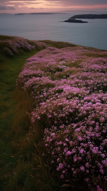 Shoreline covered in pink flowers by the sea Generaitve AI