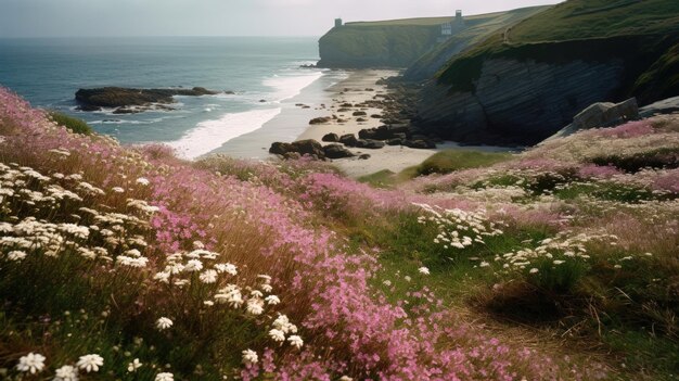 Shoreline covered in pink flowers by the sea Generaitve AI