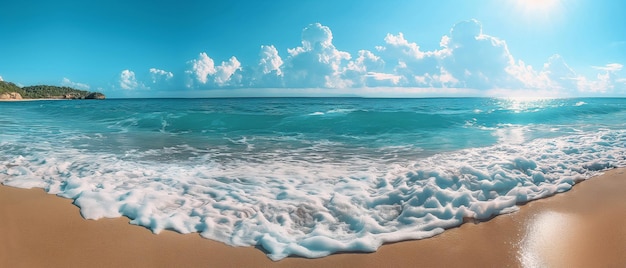 The shoreline seashore and waves surf with a stunning blue ocean lagoon sandy shore vista