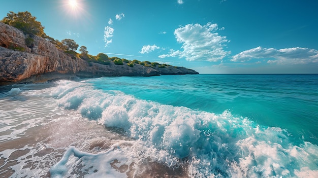 The shoreline seashore and waves surf with a stunning blue ocean lagoon sandy shore vista