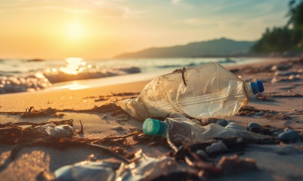 Shoreline tainted by plastic waste emphasizing the urgent need for ecoresponsibility Polluted beach with garbage Created with generative AI tools