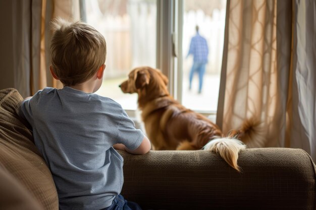 写真 背を向けてソファにひざまずいている小さな男の子が家族のカーテンからひそかに見下ろしている犬を散歩させている彼はペットをしたい