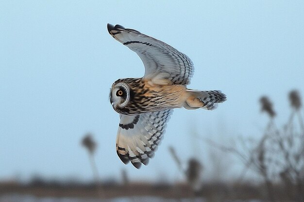 A short eared owl flying at dusk over a field