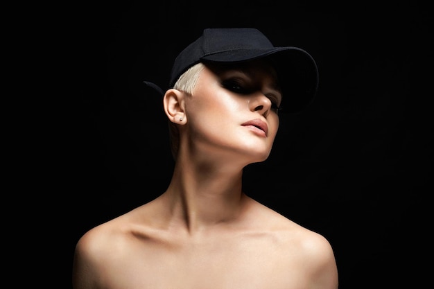 Short Hair Beautiful young woman in Hat sensual blond girl with makeup