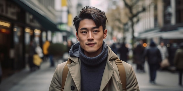 A short hair Korean man is wearing gray Korean coat in the city generate by Ai