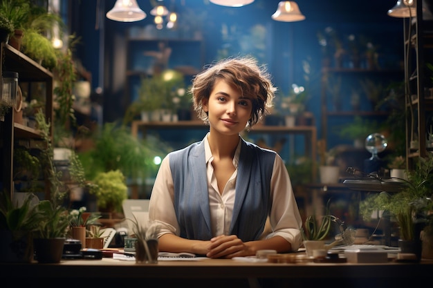 short hair woman working at the office with plants