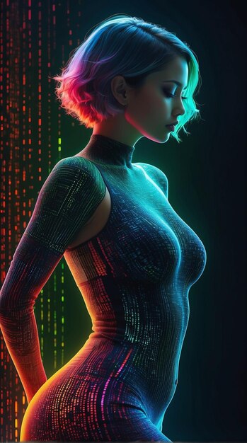 Photo short haired black woman with colorful neon patterns dress stand over plasma matrix binary back