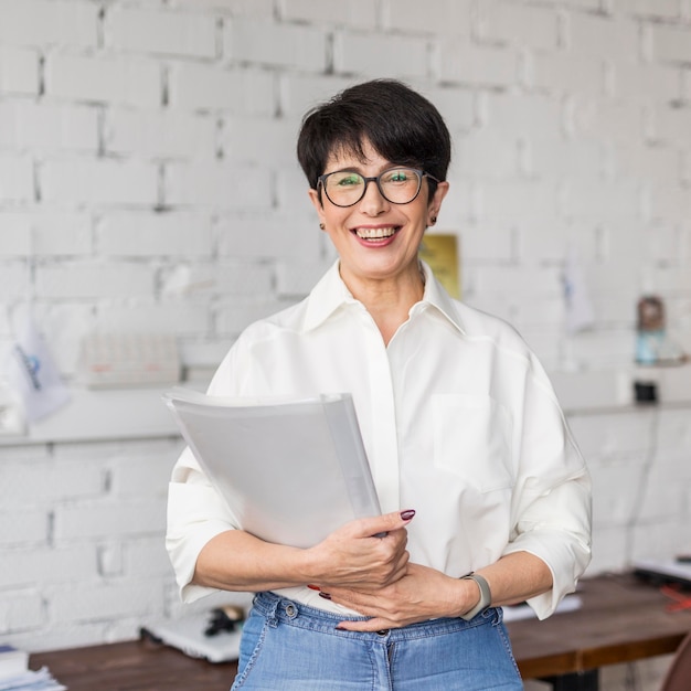 Short haired business woman laughing