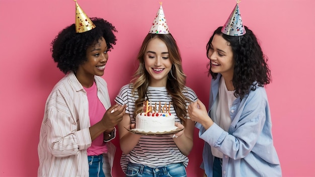 写真 短の女性がピンクの隔離された壁で誕生日を祝います